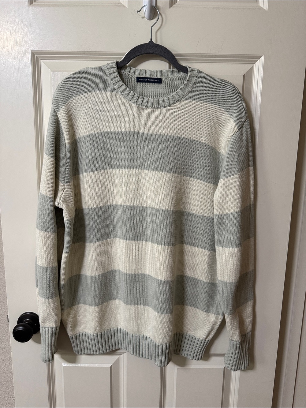 Brandy Melville Wide Stripe Crewneck Sweater - Sage Green & Cream